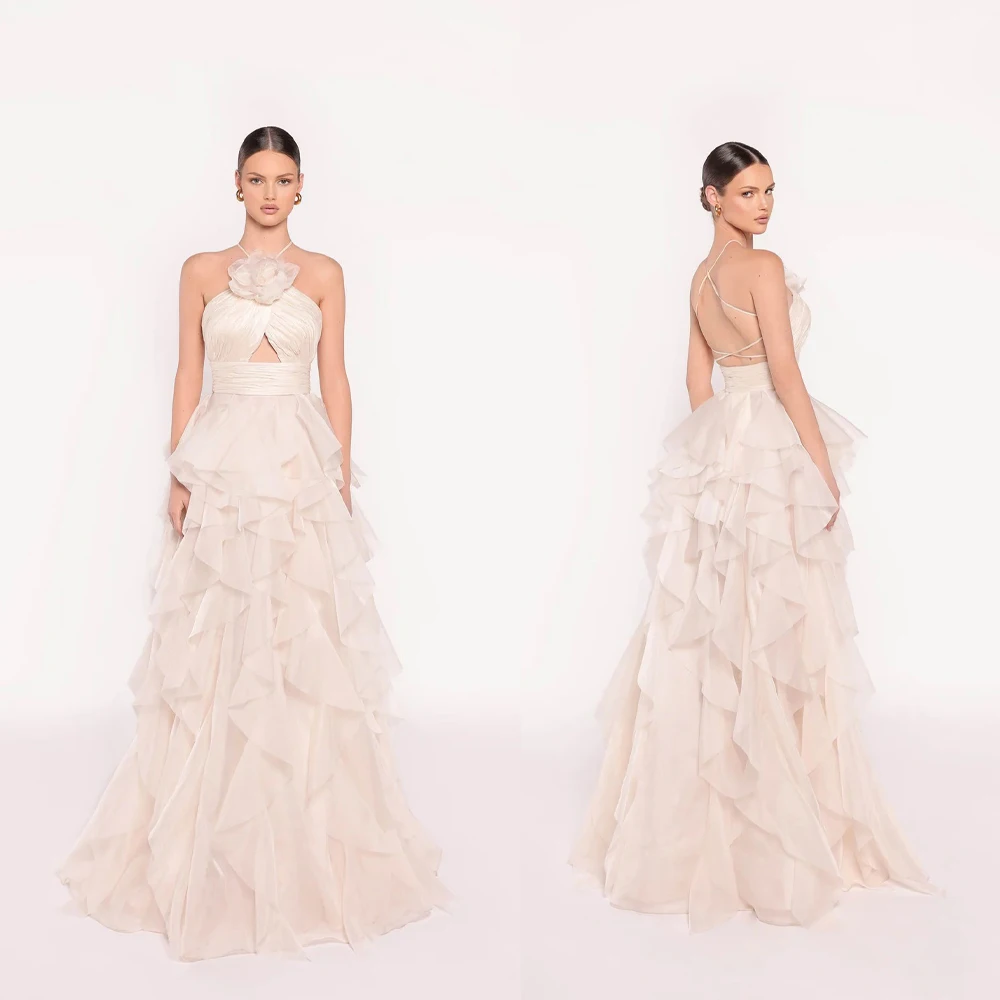 Stylish White Wedding Dresses Chic Halter Tiered Ruched A-Line Bride Gowns Sleeveless Backless Pleat Court Train Customized