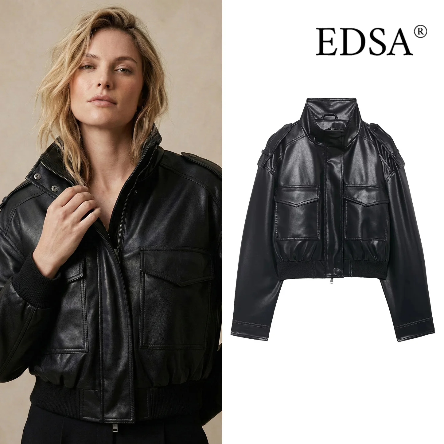 

EDSA Women Black PU Leather Cropped Jacket Long Sleeves Stand Collar Flap Pockets Female Coat Outerwear