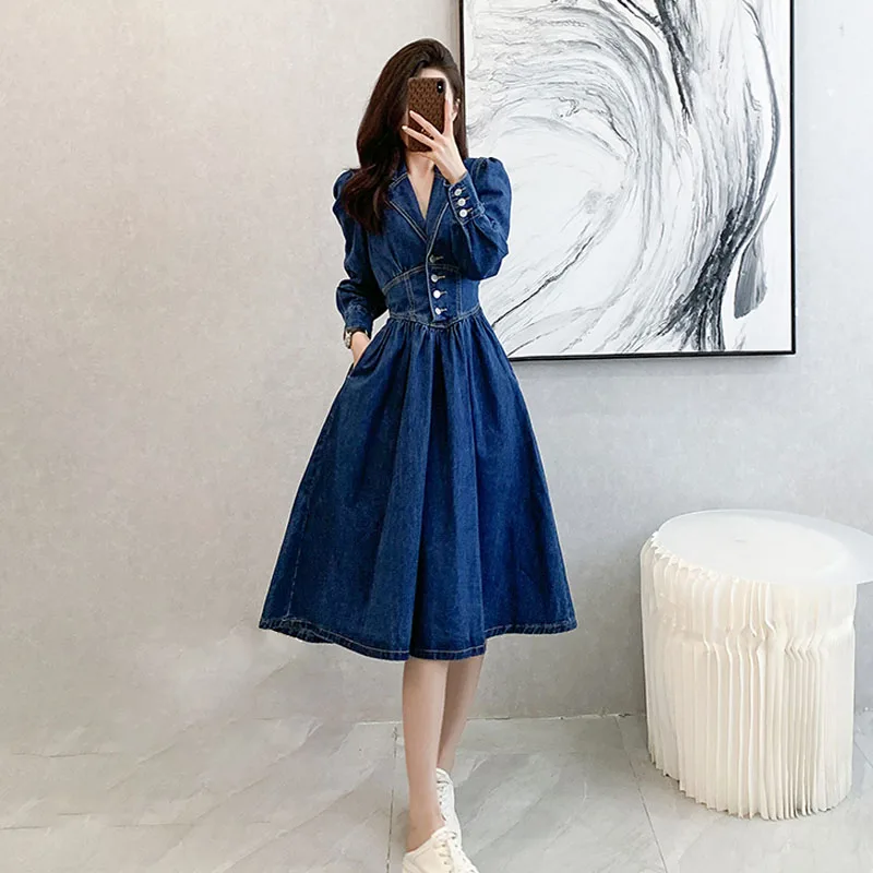 Women\'s Denim Dress Spring Autumn American Retro Long Sleeved Single Breasted A-line Dresses Temperament Slim Vestidos