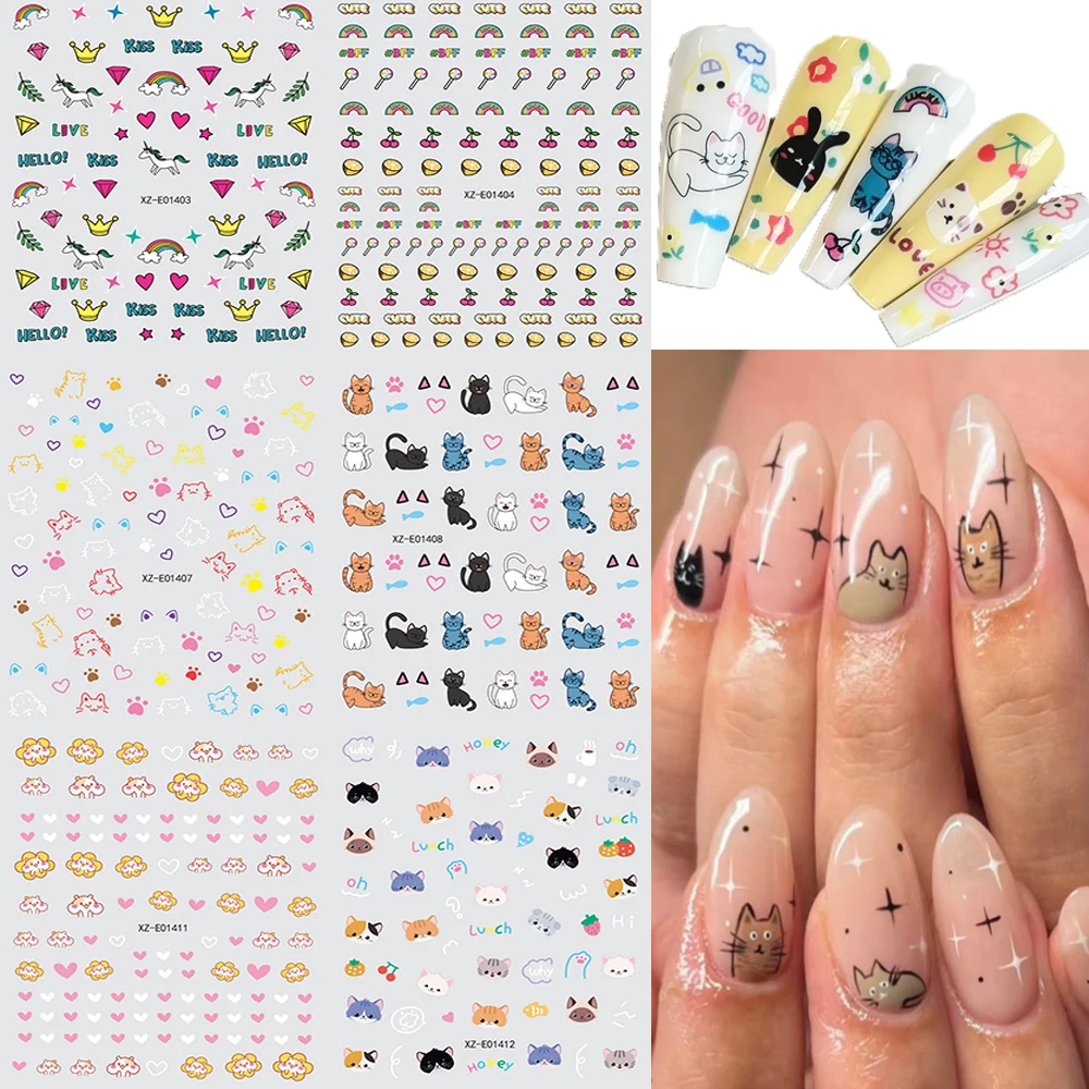

1pc 3D Kawaii Cats/Diamond/Crown Nail Stickers 8*10cm Mixed Heart/Fruits/Animals Graffiti Nail Decal DIY Cartoon Cat Nail Slider