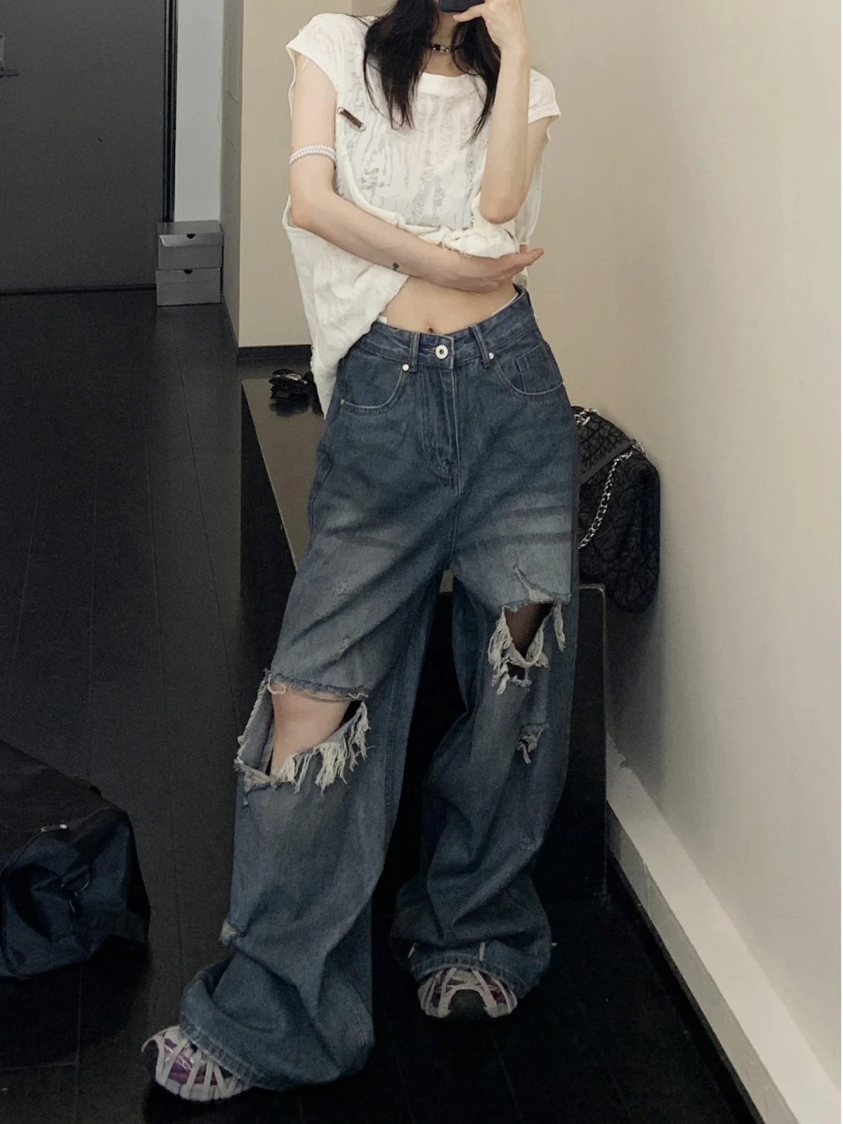 

Рваные прямые джинсы, женские повседневные свободные широкие брюки, длинные брюки, потертые джинсы в американском стиле, осень 2024, l талия