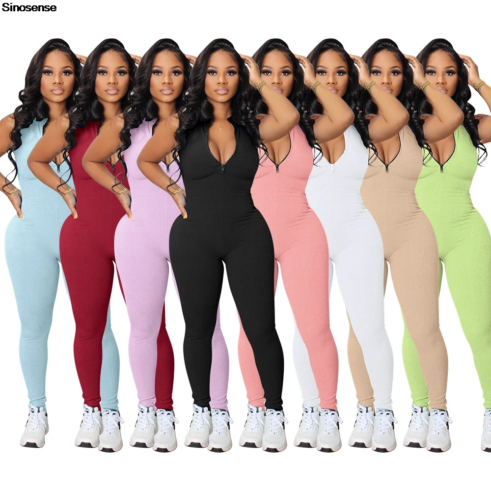 Women Workout Yoga Jumpsuit Zip Up Sleeveless Ribbed Knit Slim Fit Long Skinny Pants Romper One Piece Night Club Party Outfits