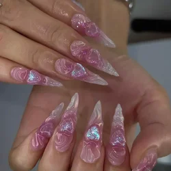 24pcs Almond Stiletto Glitter Pink French Press on Acrylic Nails with 3D Love Design Ballet Long False Nail Full Cover Nail Tips