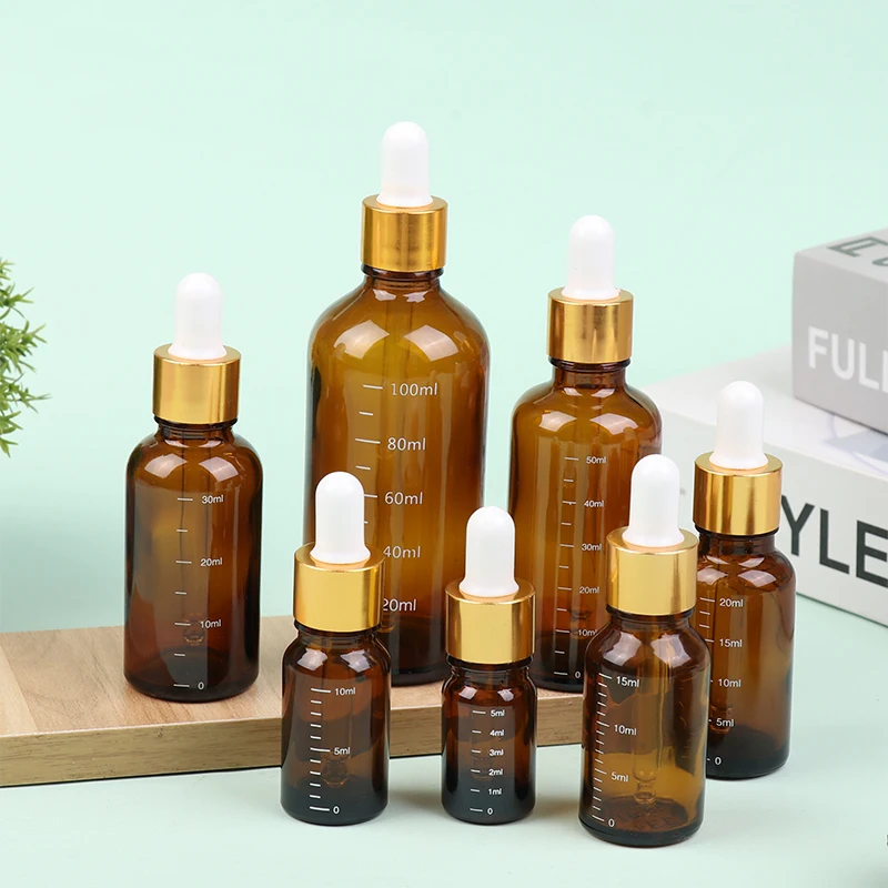 Botellas cuentagotas de 5ml-100ml con reactivo de escala, gotas para los ojos, vidrio ámbar, botella con pipeta líquida para aromaterapia, botellas rellenables para viaje