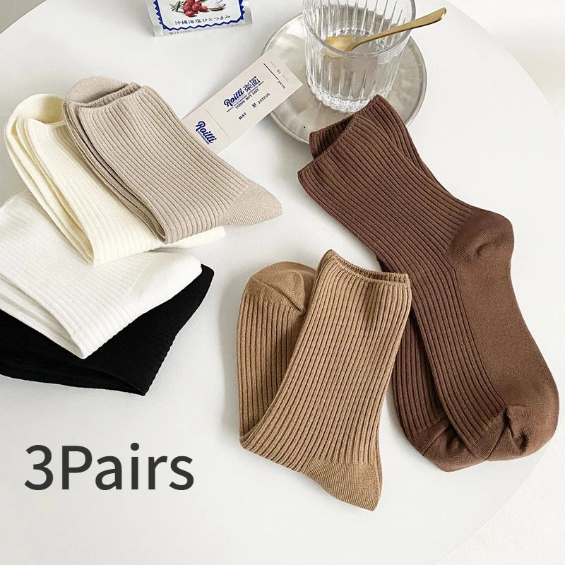 

3Pairs/Lot Women Socks Cotton Retro Crew Tube Solid Color Loose Korea Long Cute Fashion Hajuruku Black White Set Quality Winter