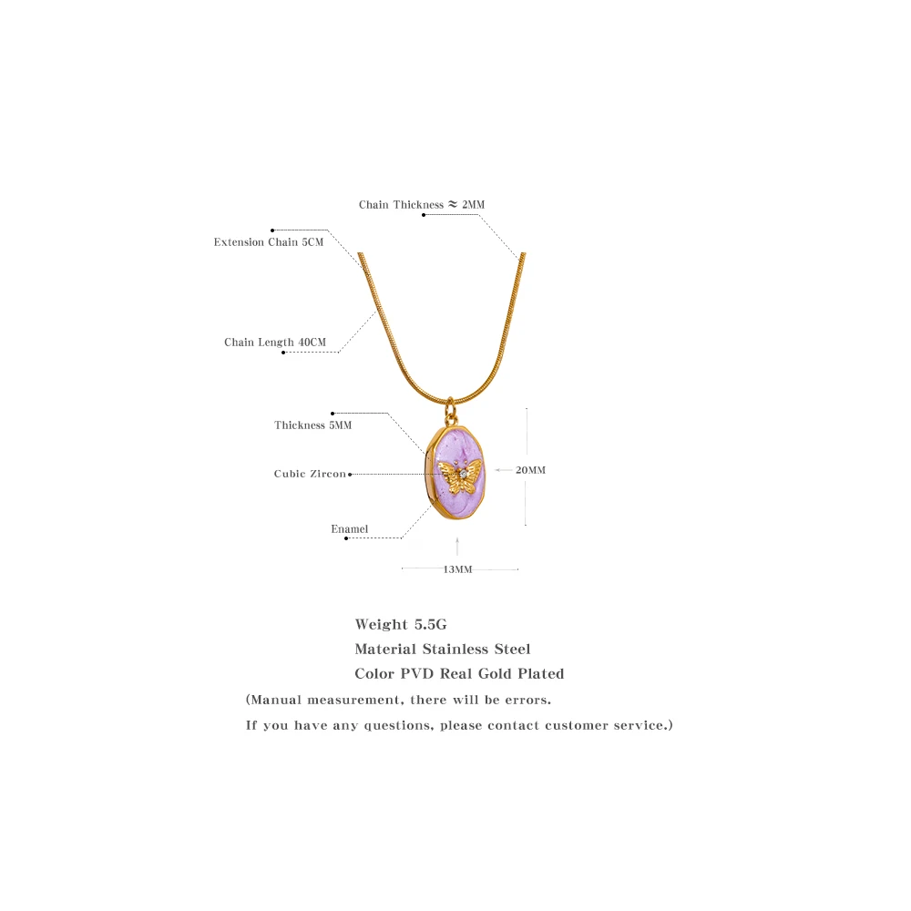 Yhpup Pink Enamel Butterfly Gilding Geometric Pendant Stainless Steel Collar Fashion Necklace for Women Korean Chic Jewelry Gift