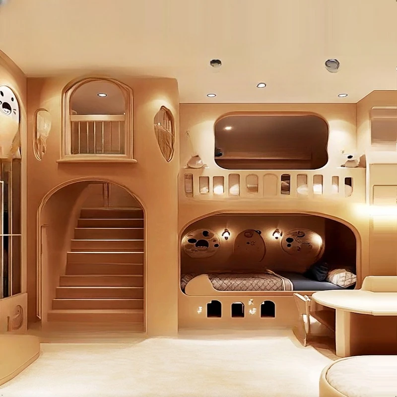 Log wind tree house   bed, solid wood wind forest bed, staircase second floor double be d