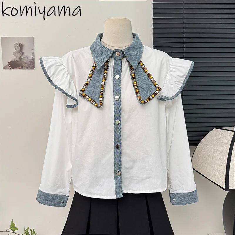 

Denim Diamonds Spliced Blusas Mujer Ruffles Long Sleeve Woman Shirts Blouses Laple Camisas Women Clothing Single Breasted Ropa