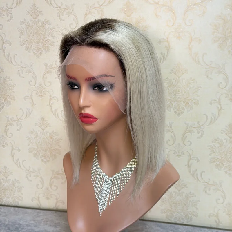 วิกผมบ๊อบสั้นสีบลอนด์เงิน ผมแท้ 13x4 วิกผมหน้าผากลูกไม้ ผมแท้ ถอนขนแล้ว ลูกไม้โปร่งใส ความหนาแน่น 180% วิกผมหน้าผากลูกไม้