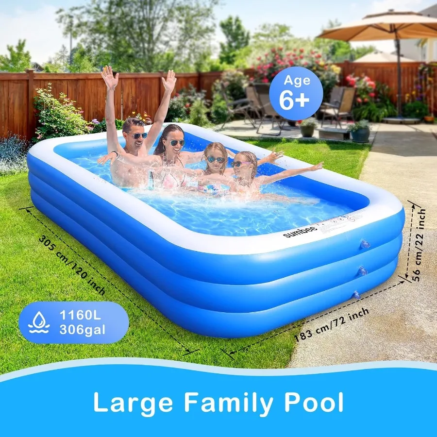 Piscina Gonfiabile per Bambini e Adulti 120x72x22 Pollici, Grande Piscina Rettangolare Gonfiabile per Famiglia, Giardino, Esterni