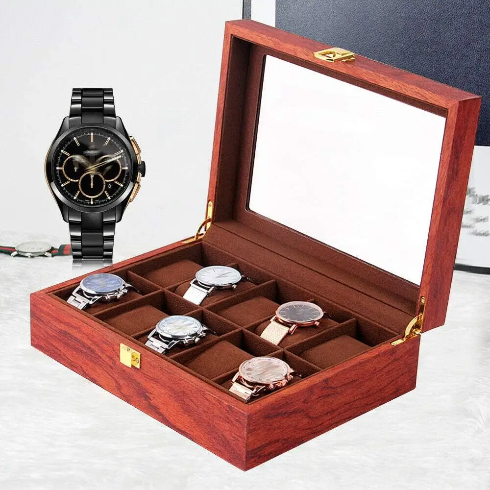 10-Slots Watch Box Grid Watch Jewelry Storage Box Display Wooden Glass Top Vintage Jewellery Organizer Case Gifts