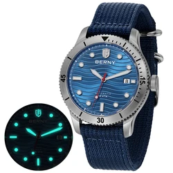 BERNY Automatic Diving Wristwatch for Men 100% Original PT5000 20ATM Waterproof Luminous Sapphire Mechanical Sport Diver Watch
