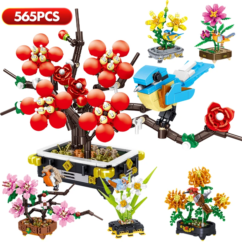 

565PCS Mini City Bouquet Flower Ornament Plum Blossom Building Blocks Peony Potted Plants Friends Bricks Toys for Girls Gift