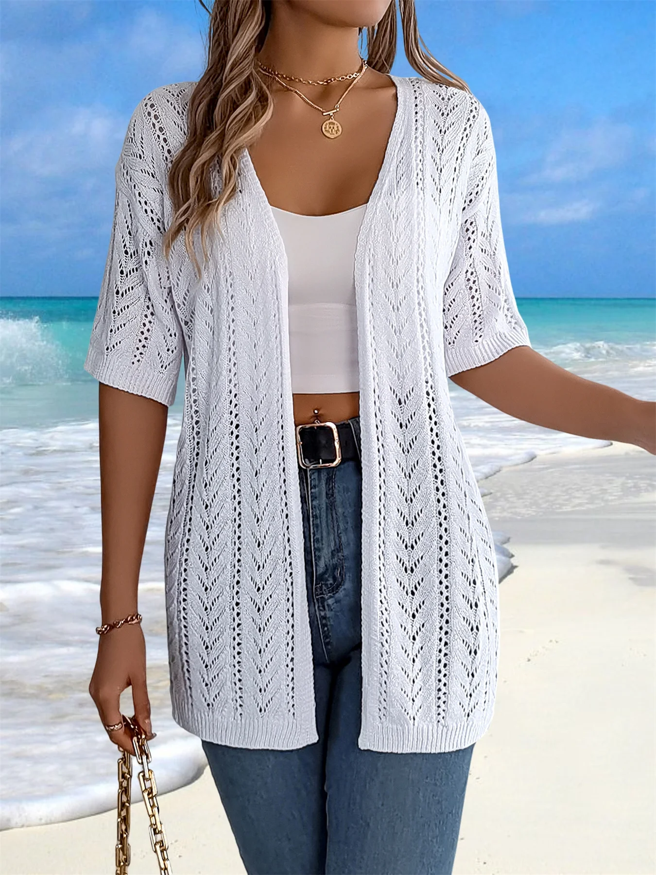 Crochet Tops for Women Short Sleeve Mesh Lightweight Summer Cardigan Open-Front Cover Ups Knitted Sheer Tops