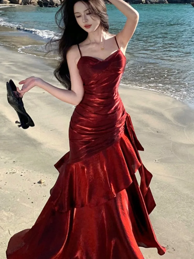 

Elegant Solid Party Dress for Women Sexy Spaghetti Strap Sleeveless Evening Dresses Summer Spring Slim Waist Vestidos Long Robe