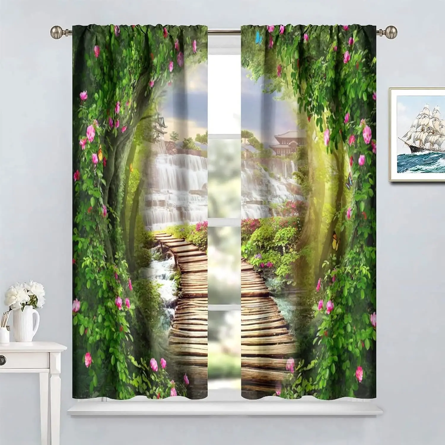 Enchanted Forest Waterfall Curtains Magical Tree Arch Wooden Bridge Scene for Living Room Bedroom Home Decor