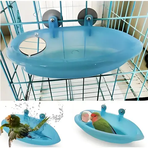 Bird Water Bath Tub for Pet Cage Hanging Bowl Parrot Parakeet Bird Bath with Mirror Birdbath