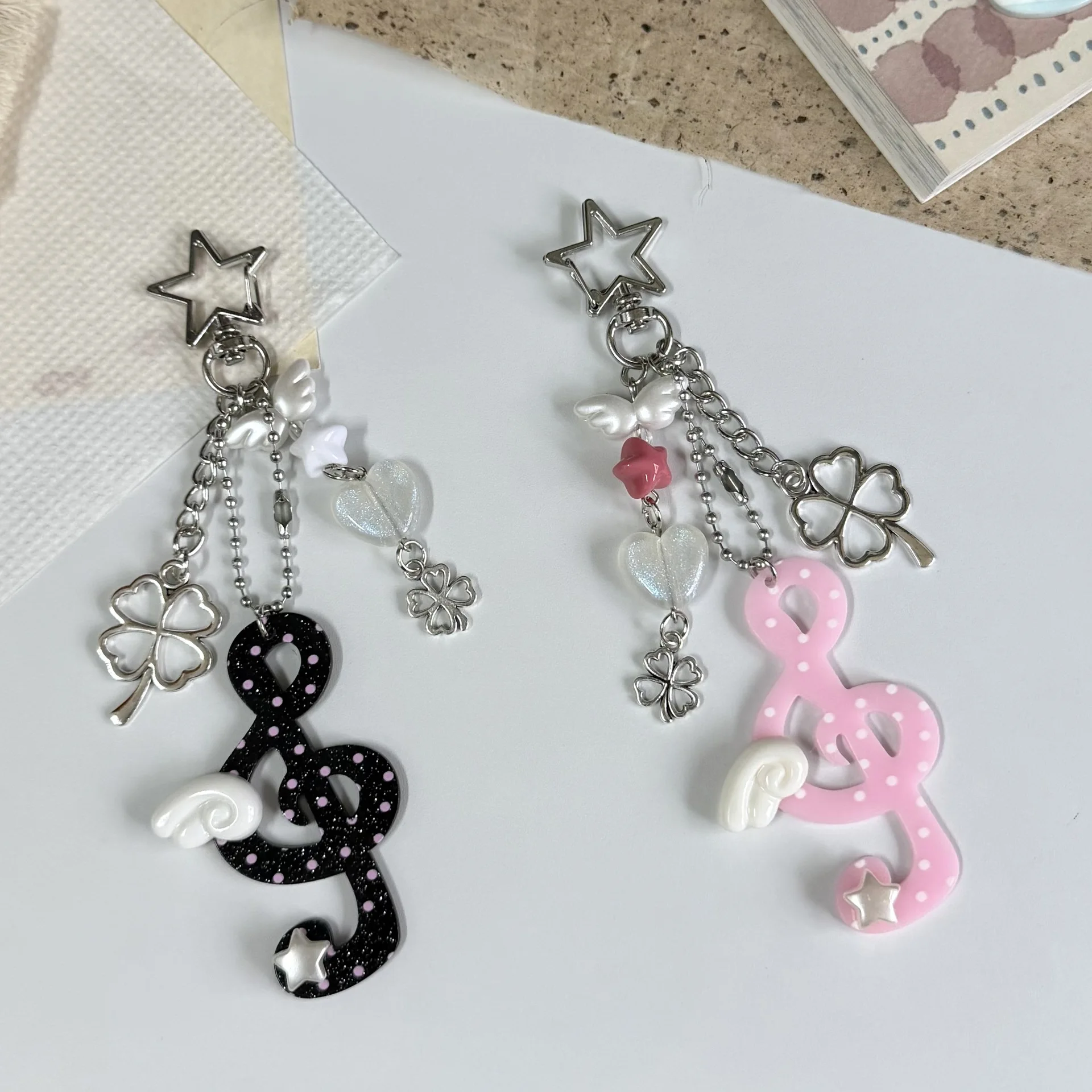 Cute Polka Dot Stripe Music Note Star Keychain Creative Hanging Ornament Decorative Bag Charm Pendant for Backpack Purse