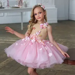 Jill Wish Luxury Dubai Pink Girl Dress 3D Flowers Sleeveless Ball Gown for Kids Wedding Birthday Communion Party Pageant J349