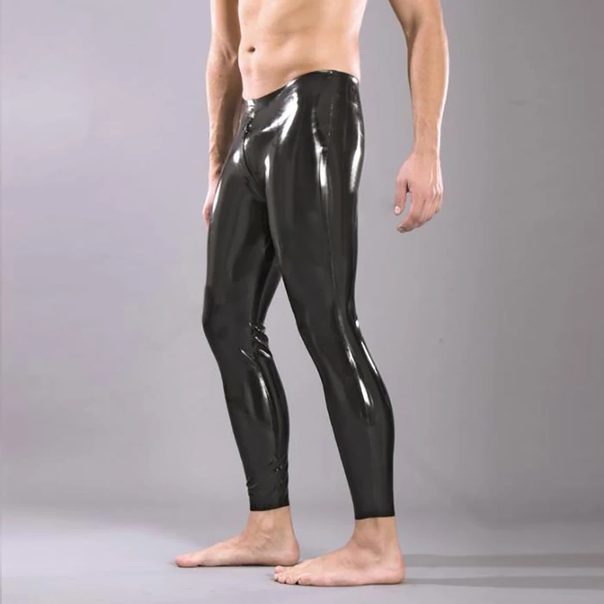 

Black Mens Latex Pants Gummi Rubber Leggings with Crotch Zip Handmade Clothing RLTM012