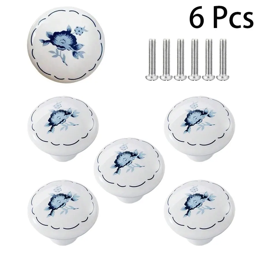 6Pcs 1-1/2 inch Ceramic Knobs Hand Painted Kitchen Cabinet Knobs Pulls Retro Drawer Handles for Dresser- Blue Flower.