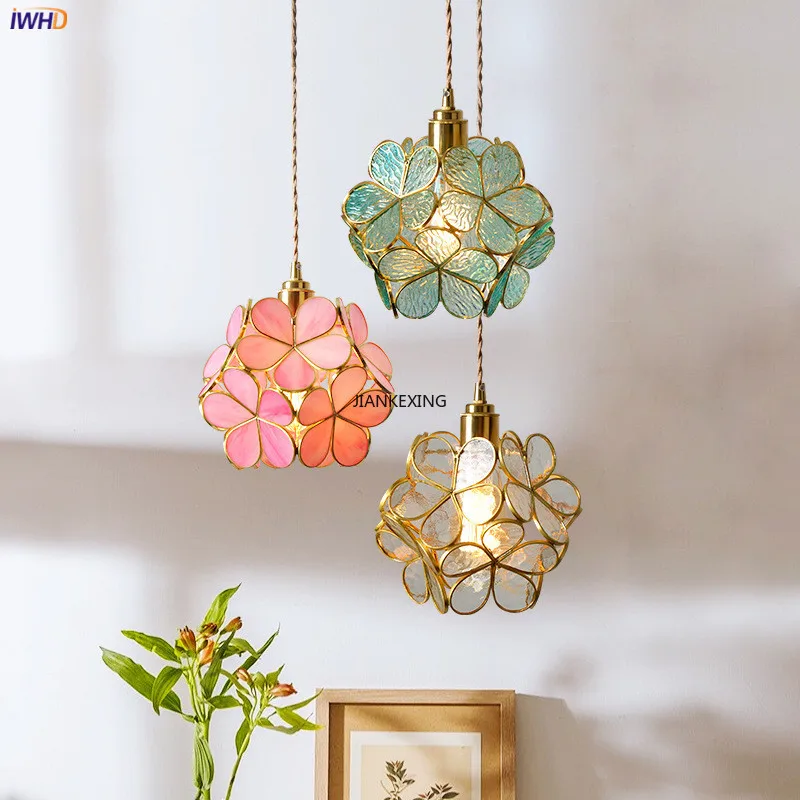 

Modern Flower Copper Pendant Lighting Fixtures Bedroom Dinning Living Room Glass LED Light Luminaria