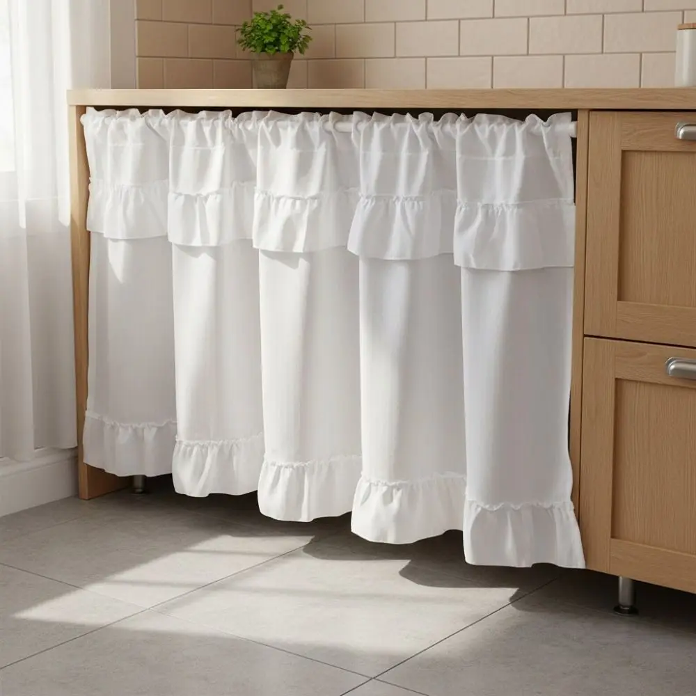 American Pastoral Style Ruffled Edge Kitchen Cabinet Short Curtain Light-blocking Decorative Short Window Drapes White
