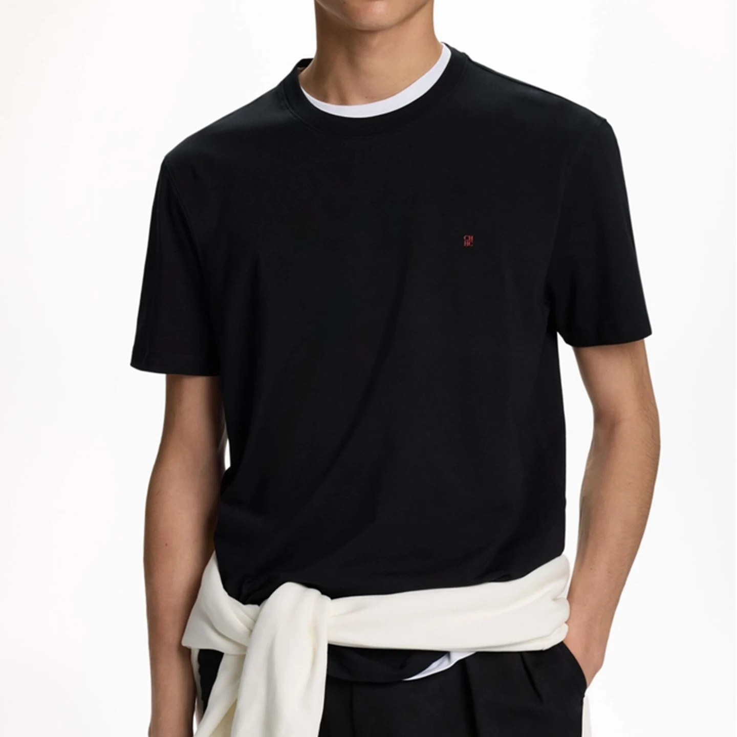 CH Besticktes Einfarbiges Kurzarm-T-Shirt für Herren Rundhals Regular Fit Klassisch Zeitlos Premium-Stoff Lässige Alltags-Oberteile – Detail 9
