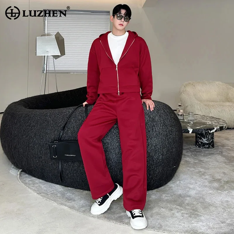 

LUZHEN Color Men 2025 Hooded Coat Spring Fashion Solid Loose Straight Casual Pants Original Street Trendy Two-piece Sets JY5535
