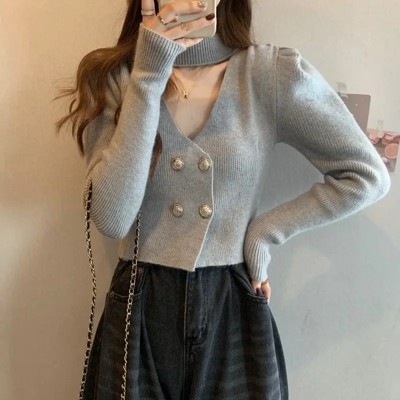 MEXZT Cropped Knitted Cardigan Women Sexy Black V Neck Sweater Coat Winter Korean White Halter Long Sleeve Knitwear Slim Jumpers