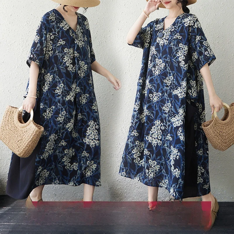 

Summer New Cotton Linen Print Splicing Loose Casual Overhead V-neck Short Sleeve Wide Hem Dress Casual Loose Fit Maxi Dress