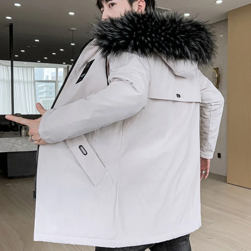 ​Plus Size Winter Coat for Men Mid Length Parka with Detachable Hood Faux Fur Lining Waterproof Zipper Trendy Streetwear Jacket​
