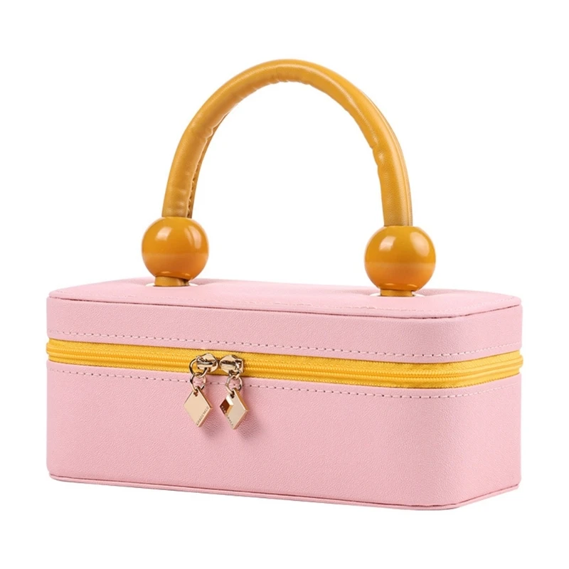 

PU Leather Jewelry Box with Handle Secure Storage Case for Various Accessories Rings Necklaces Earrings