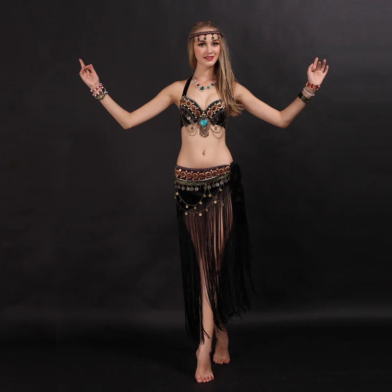 Size S-XL Dance Beaded Outfit 2 pieces Bra and Belt Tribal Belly Dance Costume Set Wooden Beads Accents Fringes Skirts