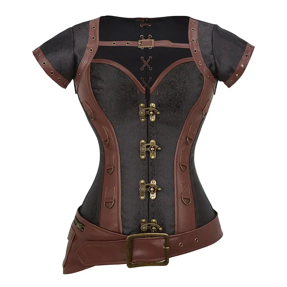 Steampunk ผู้หญิง Pu หนังรัดตัว Overbust Vintage สีน้ําตาล Outerwear Bustier Corselet Tops Plus ขนาด