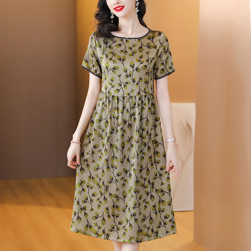 

New Floral Silk Suitable Dresses on Request Women Korean Fashion Casual Party Dress Summer Short Sleeve Loose Dresses