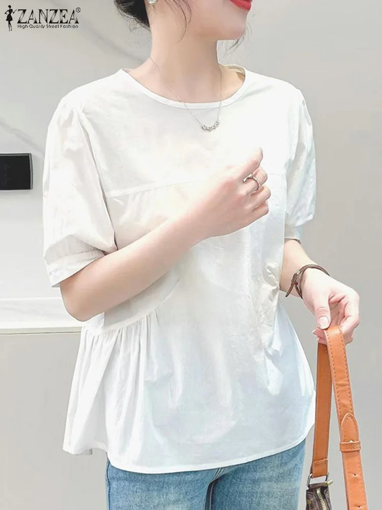 

Элегантные женские повседневные однотонные топы ZANZEA, корейская модная летняя блузка, Женская Праздничная Рабочая Рубашка с круглым вырезом и коротким рукавом