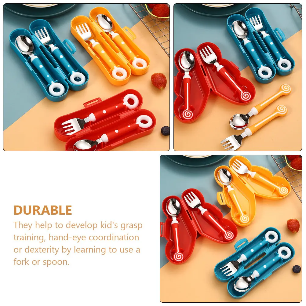 1Set Children Spoon Fork Set Silicone Grip Stainless Steel Head Learning Tableware Toddler Eating Training Flatware Feeding