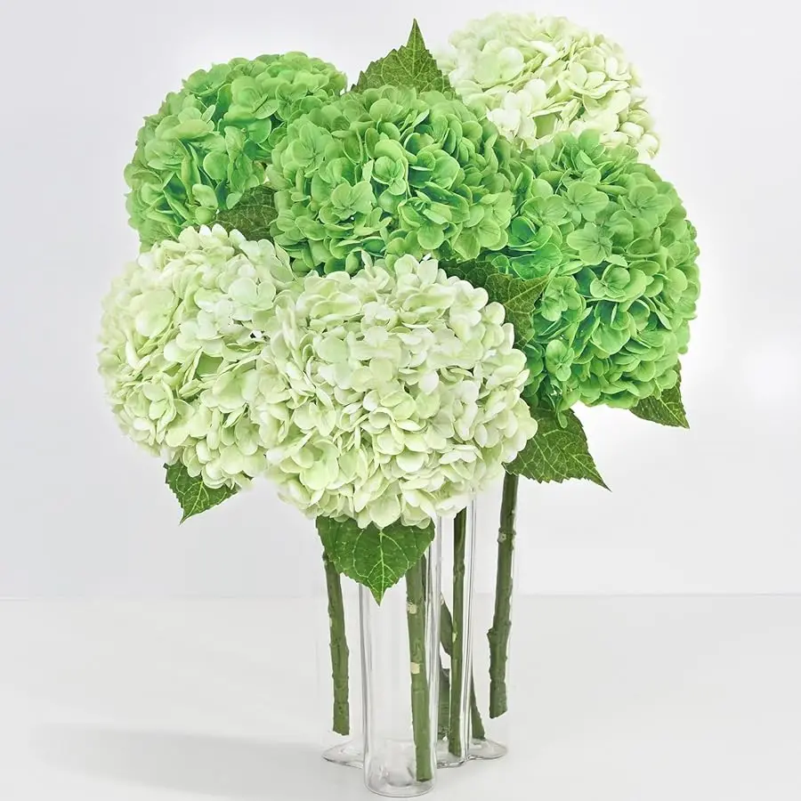 

6 Pcs Real Touch Hydrangea Artificial Flowers, 21" Light Green & Dark Green Full Faux Hydrangea Flowers Latex Fake Flowers for H