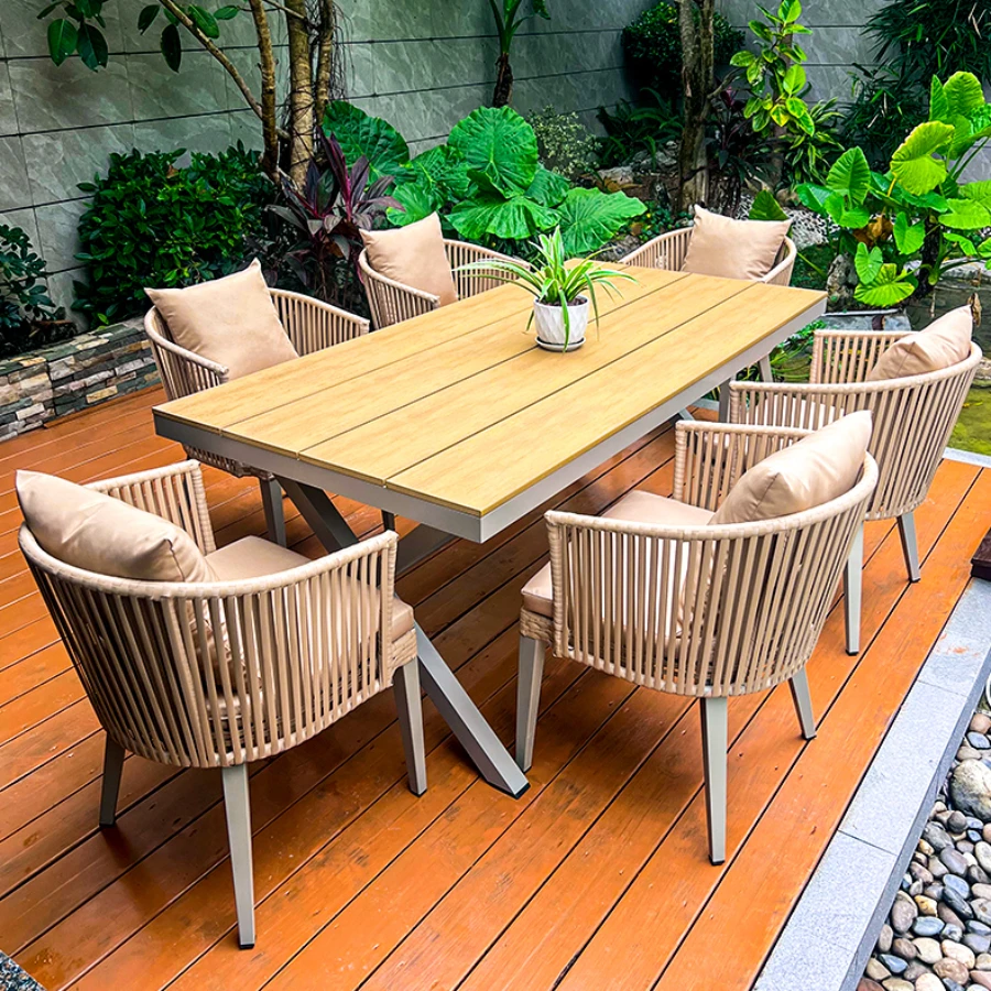 Outdoor Tables And Chairs Leisure Waterproof Sunscreen Rattan Chair Plastic Wood Garden Terrace Sedentary Table Mesa Furnitures