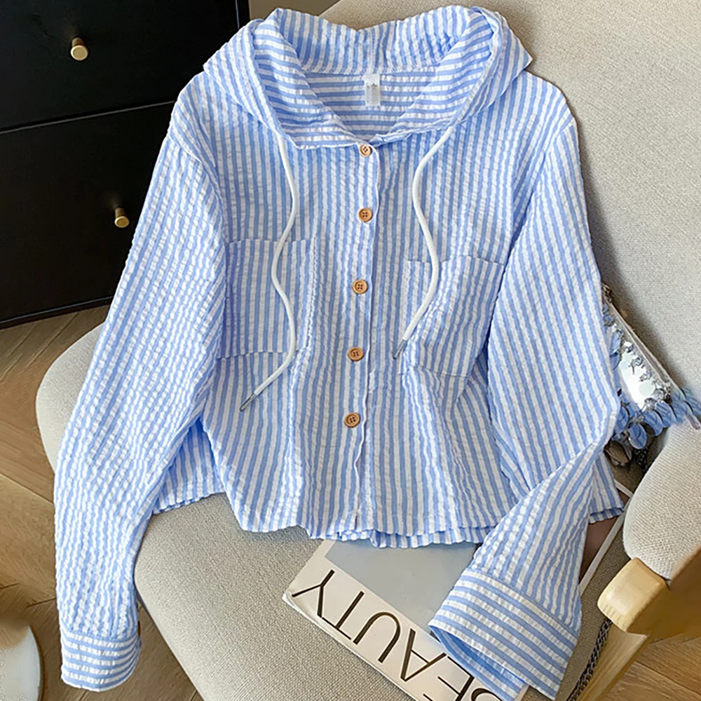 Camicie con cappuccio a righe blu stile coreano Donna Primavera Autunno Manica lunga Cappotto corto Casual Felpe con cappuccio monopetto Top
