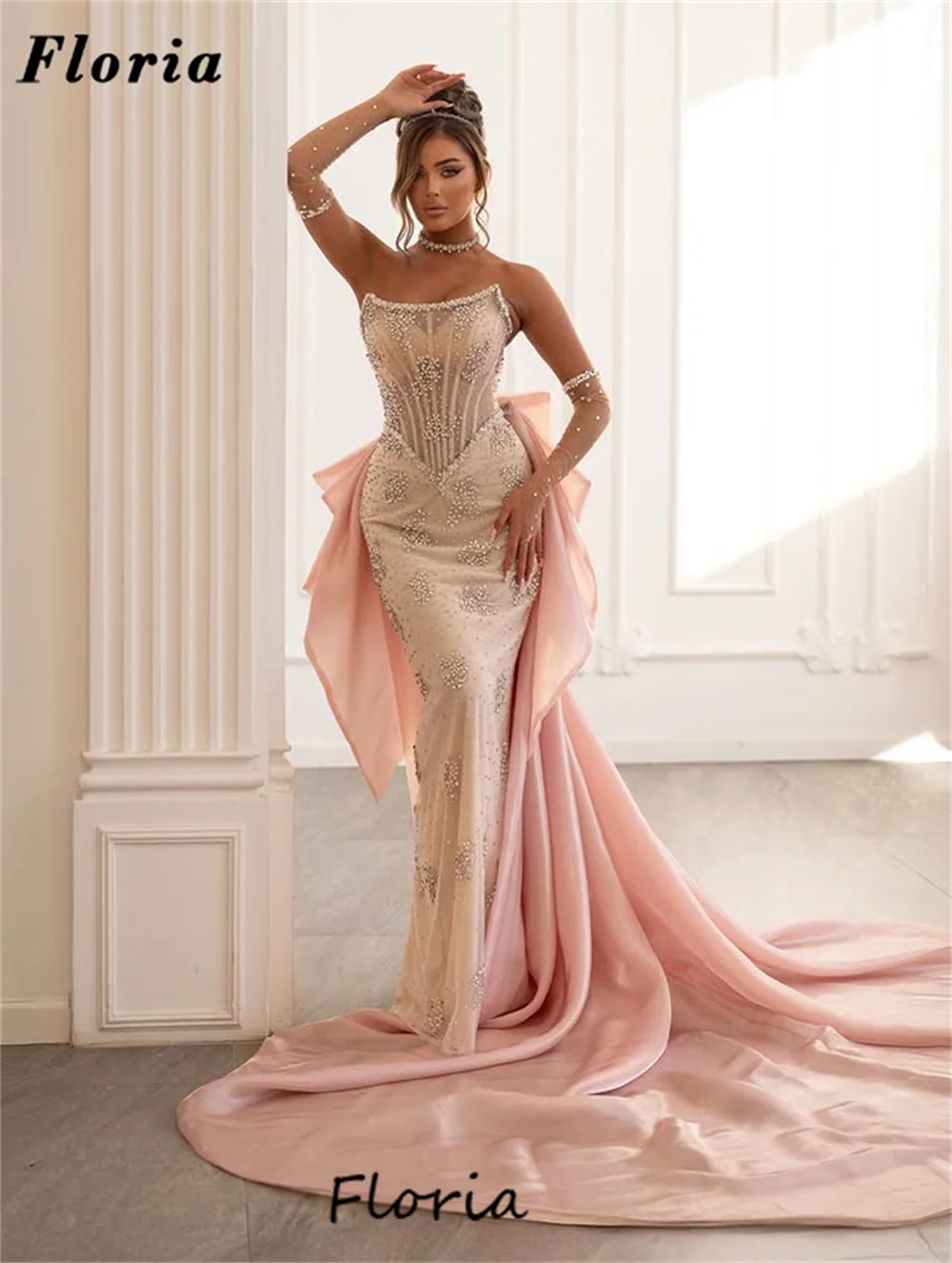 

Elegant Mermaid Evening Dresses With Long Train Beaded Crystals Wedding Party Dress Vestidos De Cóctel Cocktail Gowns Customized