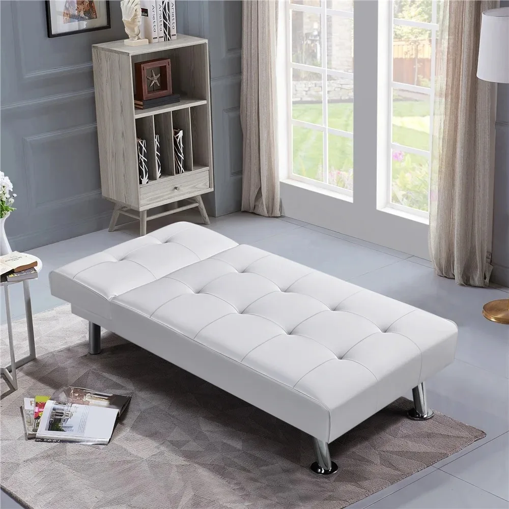 Convertible Faux Leather Futon Chaise Lounge, White，Fabric，Artificial leather，Rugged