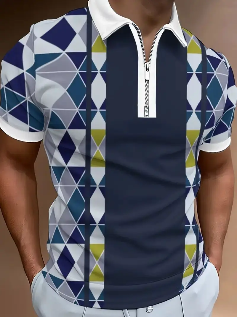 Summer Men\'s Polo Shirt Graphic Printing Casual Short Sleeve T Shirt Street Fashion Zipper Polo Male Business Oversized Clothing
