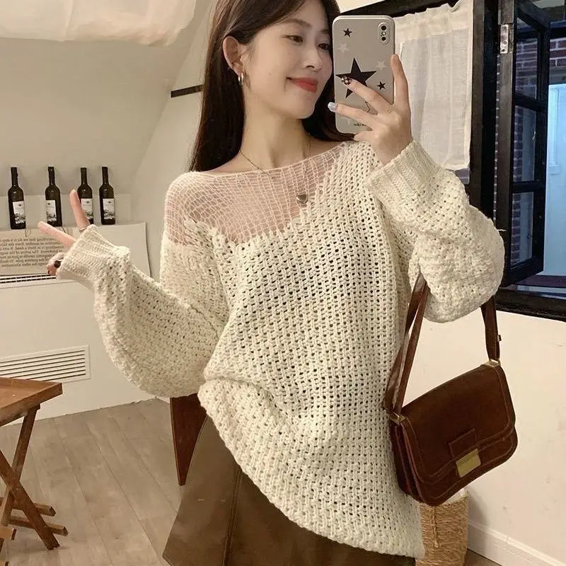 Sweater Women Mid-Length Loose Knitted Sweater Lazy One-Shoulder Off-The-Shoulder Top