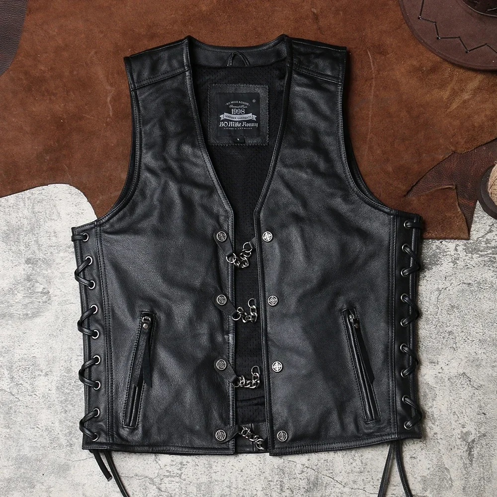 Blunt Razor Collarless Loose Motorcycle Leather Vest Men's Genuine Leather Club Team Uniform Vest with Cowhide Leather Top Layer