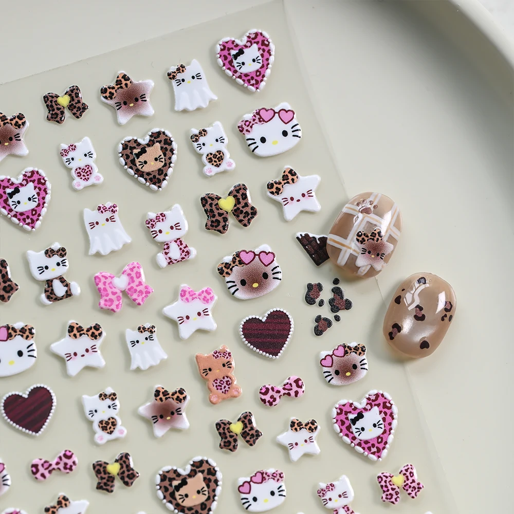 1Pc 5D dessin animé imprimé léopard Hello Kitty chapeau ongles autocollants léopard Kitty tête casquette arc adhésif décalcomanies KT étoile coeur ongles curseurs