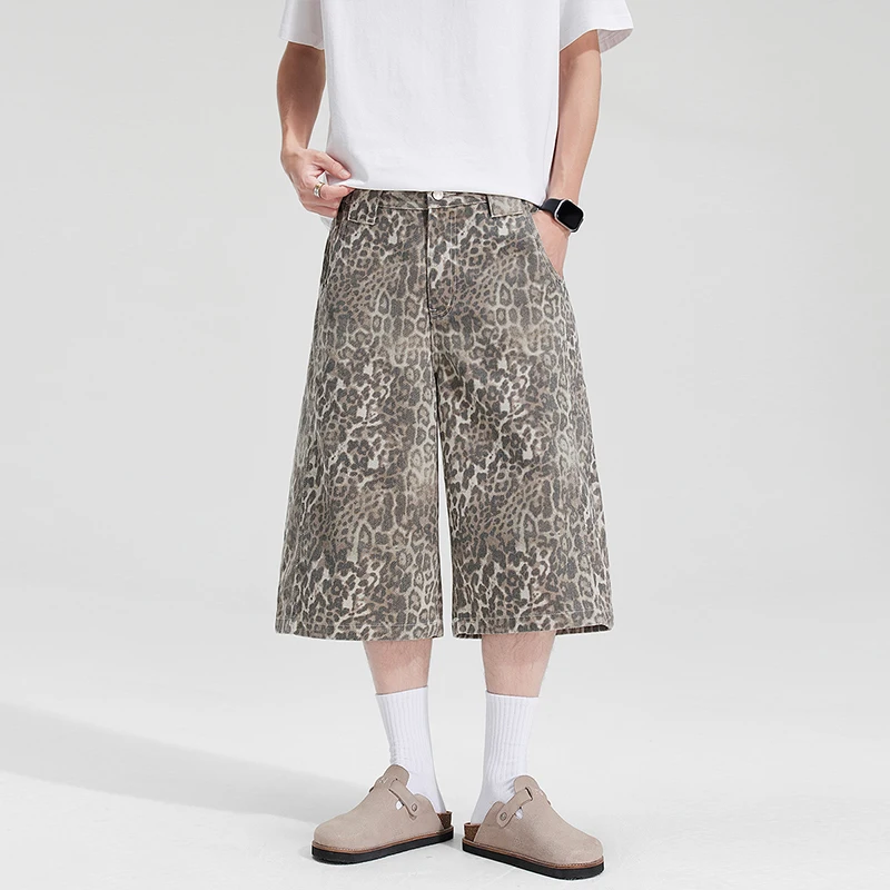 Baggy Wide Leg Leopard Jeans Men's Summer Retro American Loose Streetwear Calf Length Classic Non-Stretch Washed Denim Pants