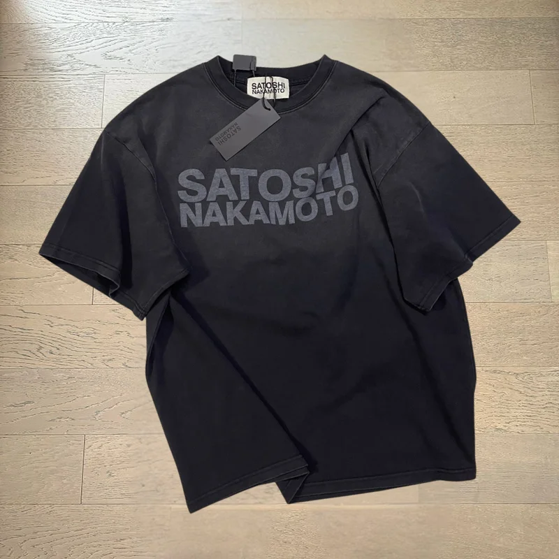 Summer Men Women Satoshi Nakamoto Tshirts Oversized High Quality Washed Letters Logo Print T Shirt with Tag