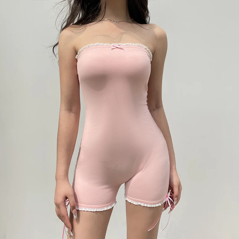 Iamhotty Sweet Contrast Color Tube Rompertjes Zomer Casual Basic Slanke Strapless Playsuits Coquette Jumpsuit Shorts